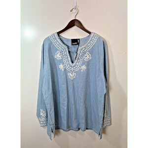 Nanette Lepore Women's Embroidered Peasant Chambray Tunic Size 2X Blue Boho NWTS